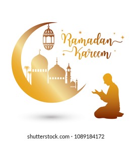 Ramadan kareem greeting card with mosque and prayer, vector