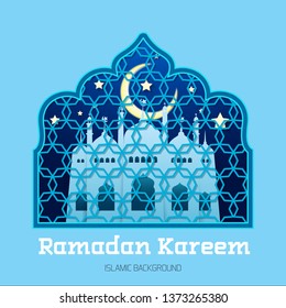 Ramadan Kareem Greeting card. Mosque with stars Islamic pattern Background - Vector. Illustration for greeting card, poster and banner.