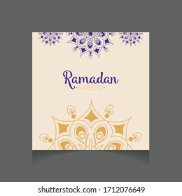 Ramadan Kareem greeting card with mosque and the lamps background. Editable Vector illustration for banner, poster, and posting social media, ect.