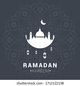 Ramadan Kareem greeting card with mosque and the lamps background. Editable Vector illustration for banner, poster, and posting social media, ect.