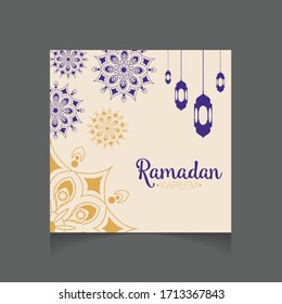 Ramadan Kareem greeting card with mosque and the lamps background. Editable Vector illustration for banner, poster, and posting social media, ect.