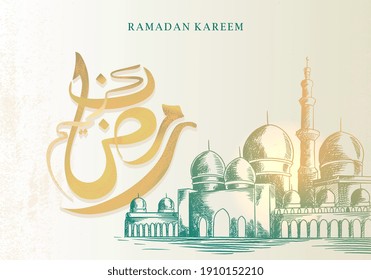 Ramadan Kareem greeting card with mosque. Arabic calligraphy means "Holly Ramadan".