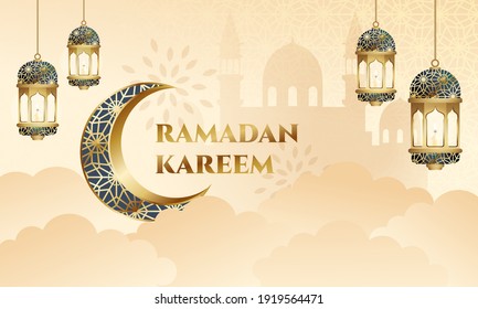 Ramadan Kareem greeting card with mosque silhouette and decorative lantern. Realistic vector design