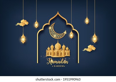 Tarjeta de bienvenida Ramadan Kareem con mezquita y luna dorada brillante con linterna, corte de papel , estilo de collage de papel con arte digital .