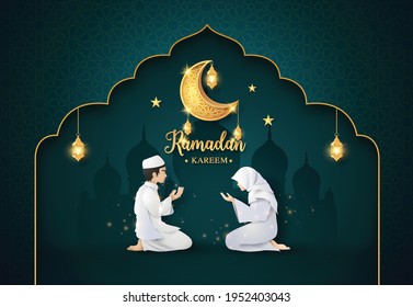 Ramadan Kareem greeting card  with mosque and golden shiny moon with lantern,paper cut , paper collage style with digital craft .