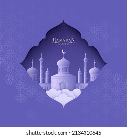 Ramadan Kareem greeting card. Mosque into Islamic ornament on a night backdrop. Paper cut style.