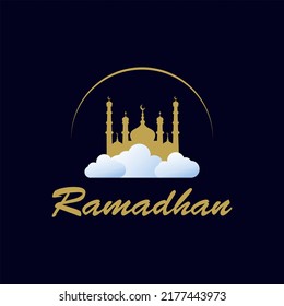 Ramadan Kareem greeting card with mosque on white background. Vector illustration.