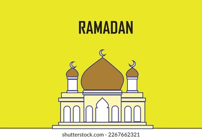 Ramadan Kareem greeting card with mosque on yellow background. Vector illustration