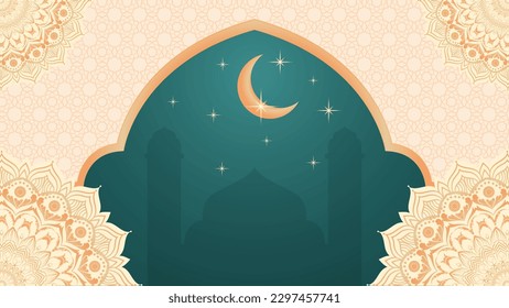 Ramadan Kareem greeting card with mosque, crescent moon and place for your text.