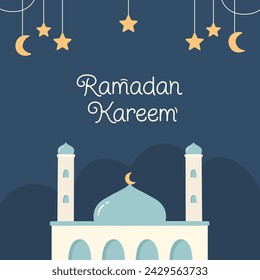ramadan kareem greeting card with mosque and stars flat design vector