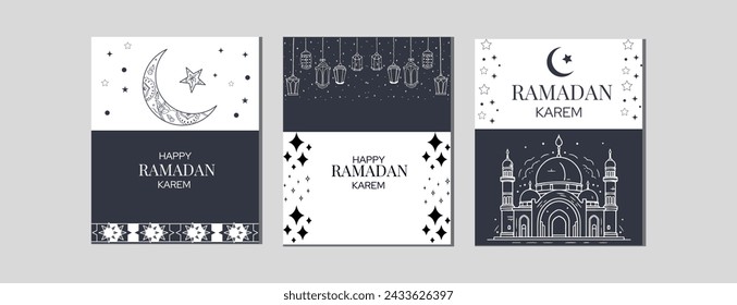 Ramadan Kareem greeting card with mosque and moon. Vector illustration