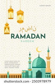 Ramadan Kareem greeting card with mosque and lanterns. Vector illustration