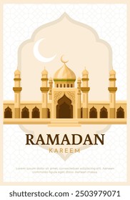 Ramadan Kareem greeting card with mosque illustration. Vector illustration