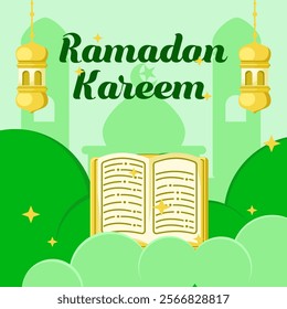 Ramadan Kareem greeting card with mosque and lantern. Vector illustration