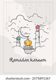 ramadan kareem greeting card with mosque and crescent