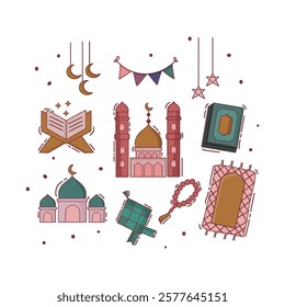 Ramadan Kareem greeting card with mosque, rosary and crescent. Vector illustration