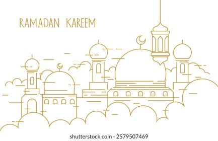 Ramadan kareem greeting card with mosque line art creative poster design.mosque with cloud silhouette line art illustration