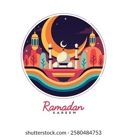 Ramadan Kareem greeting card with mosque and hanging lantern featuring night landscape background