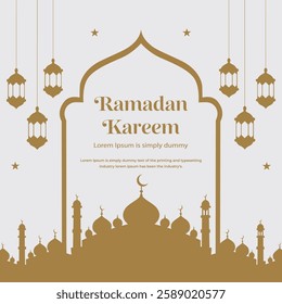 Ramadan Kareem Greeting Card with Mosque Silhouette and Hanging Lanterns