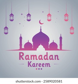 Ramadan Kareem Greeting Card with Mosque Silhouette and Hanging Lanterns