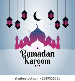 Ramadan Kareem Greeting Card with Mosque and Lanterns