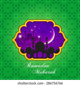 Ramadan Kareem Greeting card / Mosque and crescent moon with stars Ramadan Kareem on blue night Islamic pattern Background 