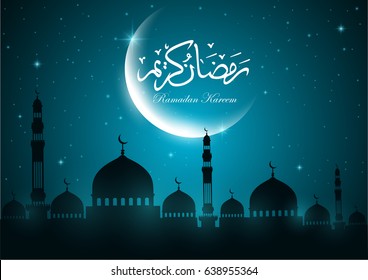 Ramadan Kareem Greeting Card With Mosque And Night Sky. Moon And Stars. Vector Illustration. 