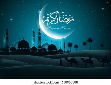 Ramadan Kareem Greeting Card With Mosque And Night Sky. Moon And Stars. Vector Illustration. 