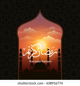 Ramadan Kareem greeting card with mosque and night sky. Moon and stars. Vector illustration.