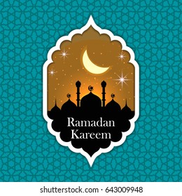 Ramadan Kareem Greeting card. Mosque with stars Islamic pattern Background