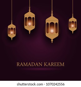 Ramadan Kareem greeting card with Muslim Lantern Fanus. Design of islamic background of the holy month for Ramadan feast with hanging glowing lamps. Vector. 