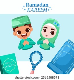 Ramadan Kareem greeting card. Muslim boy and girl with rosary. Vector illustration