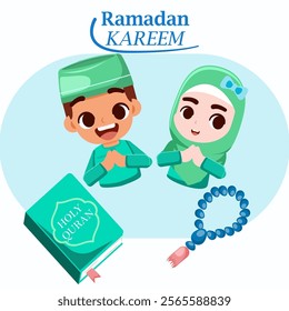 Ramadan Kareem greeting card. Muslim boy and girl with rosary. Vector illustration