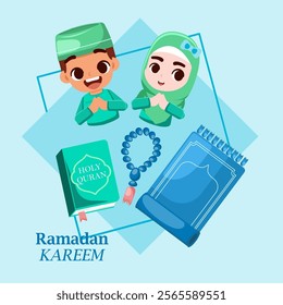 Ramadan Kareem greeting card. Muslim boy and girl with rosary and holy Quran. Vector illustration