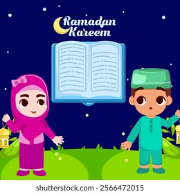 Ramadan Kareem Greeting Card. Muslim Boy and Girl Reading Quran. Vector Illustration