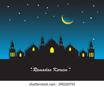 Ramadan kareem greeting card. muslim background. mosque and moon with star
