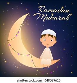Ramadan Kareem greeting card for Muslim Celebration Ramazan.Happy Muslim Kid on Moon Crescent Card with wish words Ramadan Mubarak.Crescent Night Ramazan,Garland and Smiling Muslim Child in Djellaba.