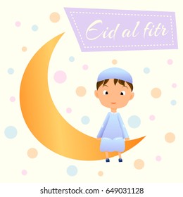 Ramadan Kareem greeting card for Muslim Celebration Ramazan.Happy Muslim Boy on Moon Crescent Card with wish words Eid al-Fitr.Crescent Moon Ramazan w Garland and Smiling Muslim Child in Djellaba.