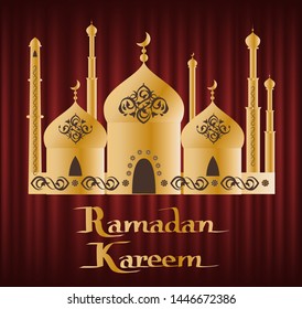 Ramadan Kareem greeting card, Muslims with arabic ornaments lantern and moon on golden elaborate domes, arabic festive, red wallpaper, culture vector