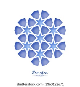 Ramadan Kareem Greeting card . Origami Arabesque Mosque Window. Arabic Ornamental pattern in paper cut style.Holy month of muslim. Blue.