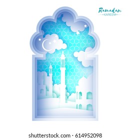 Ramadan Kareem Greeting card. Origami Mosque Window. Holy month. Paper cut Cloud.
