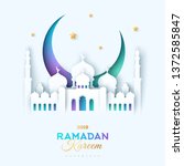Ramadan Kareem greeting card with paper cut sultan mosque and crescent on white background. Vector illustration.