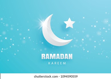 Ramadan Kareem greeting card paper art background. Eid Mubarak moon and stars banner illustration design. Use for Islamic flyer, poster, brochure, sale. Ramadan Kareem greeting card paper art background. Eid Mubarak moon and stars banner illustration design. Use for Islamic flyer, poster, brochure, sale.