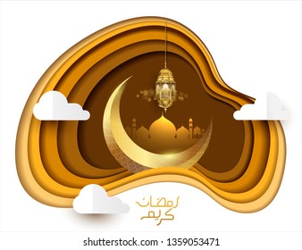 Ramadan Kareem greeting card with paper art design, Arabic calligraphy greeting poster with mosque and crescent scenery in paper style. Islamic ramadan celebration vector background