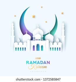 Ramadan Kareem greeting card with paper cut sultan mosque and crescent on white background. Vector illustration.