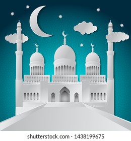 Ramadan Kareem greeting card with paper cut mosque and crescent. Vector illustration. eps