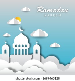 Ramadan Kareem greeting card. Paper cut mosque view in clouds. vector illustration