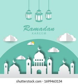 Ramadan Kareem greeting card. Paper cut mosque view in clouds. vector illustration
