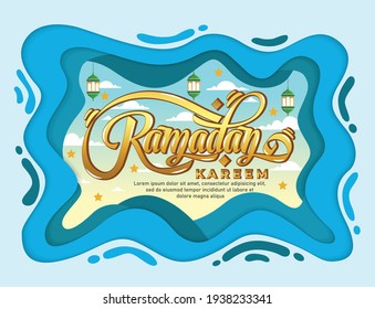 Ramadan Kareem Greeting Card  and Paper cut Ornament with sky Background