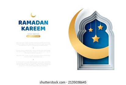 Ramadan Kareem greeting card. Paper cut crescent moon in mosque window with stars. Arabian night Voucher Template, place for text. Vector illustration